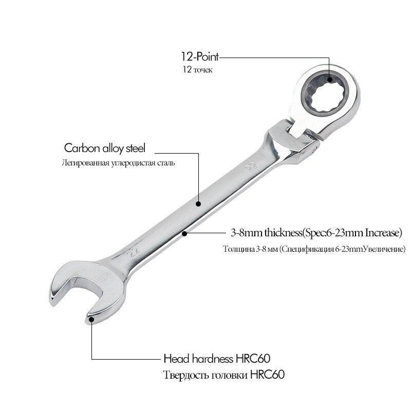 6-23mm Flexible Ratchet Spanner Nut Tool Metric Ratchet Head Cr-v Alloy Steel Open End Ring 180° Torx Repair Wrenches